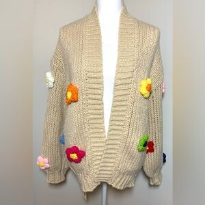 Fadivo New York Open Front Knit Cardigan Floral Knit 3D Flowers Women Medium